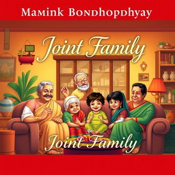 A captivating audiobook cover for 'Joint Family' by Manik Bondhopadhyay, illustrating a warm and inviting scene of a traditional Indian joint family living together