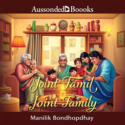 A captivating audiobook cover for 'Joint Family' by Manik Bondhopadhyay, illustrating a warm and inviting scene of a traditional Indian joint family living together