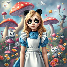 A whimsical scene depicting Alice from Alice in Wonderland, with a twist: she has playful panda face paint on her face