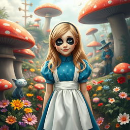 A whimsical scene depicting Alice from Alice in Wonderland, with a twist: she has playful panda face paint on her face