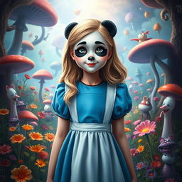 A whimsical scene depicting Alice from Alice in Wonderland, with a twist: she has playful panda face paint on her face