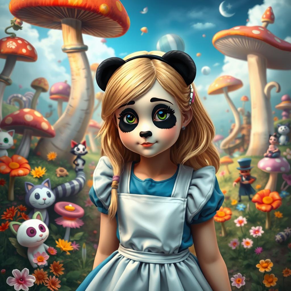 A whimsical scene depicting Alice from Alice in Wonderland, with a twist: she has playful panda face paint on her face
