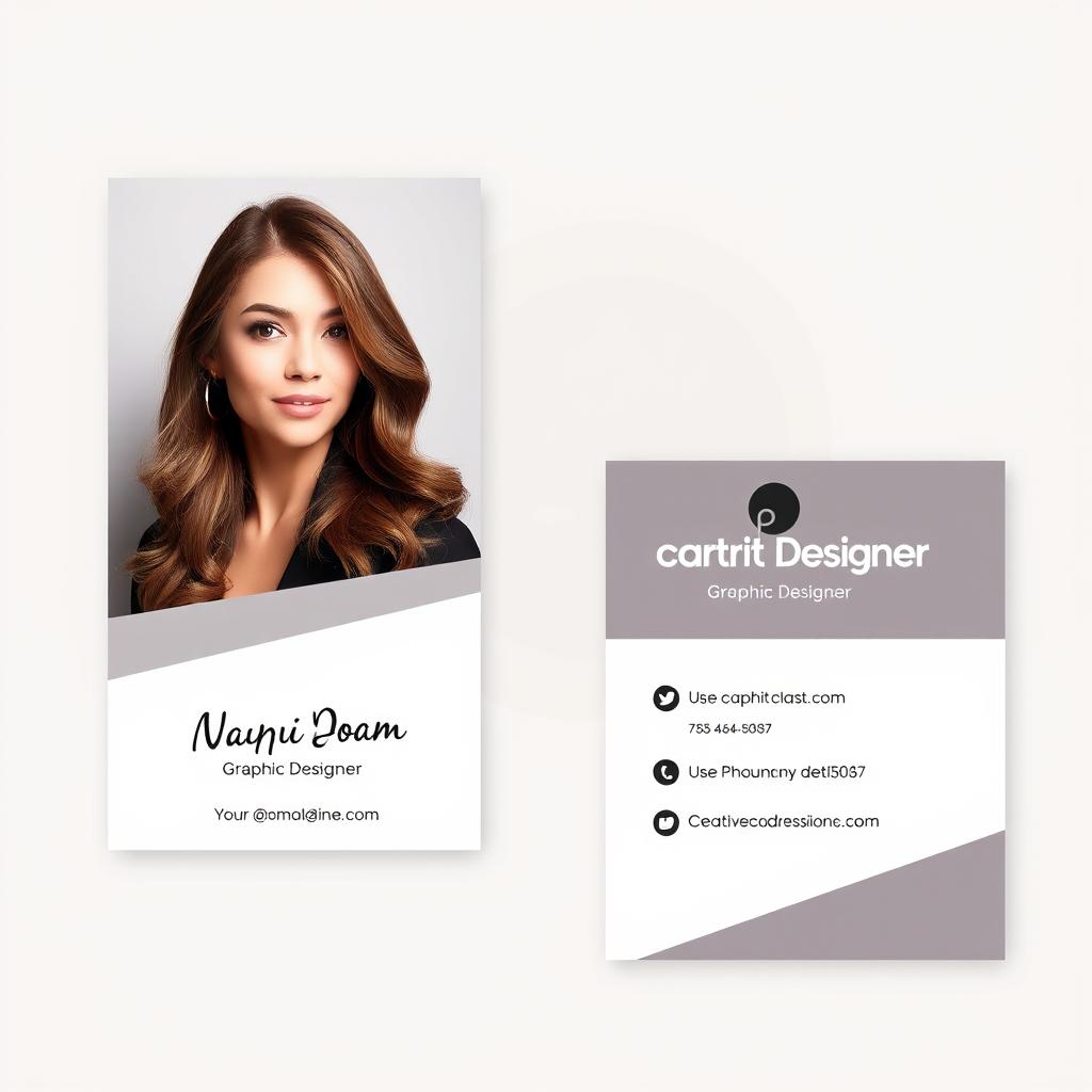 Business card design for a female graphic designer, showcasing a contemporary and stylish layout