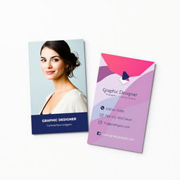Business card design for a female graphic designer, showcasing a contemporary and stylish layout