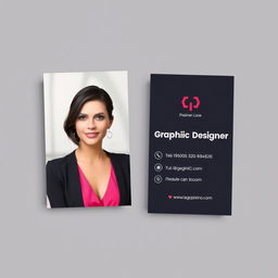 Business card design for a female graphic designer, showcasing a contemporary and stylish layout