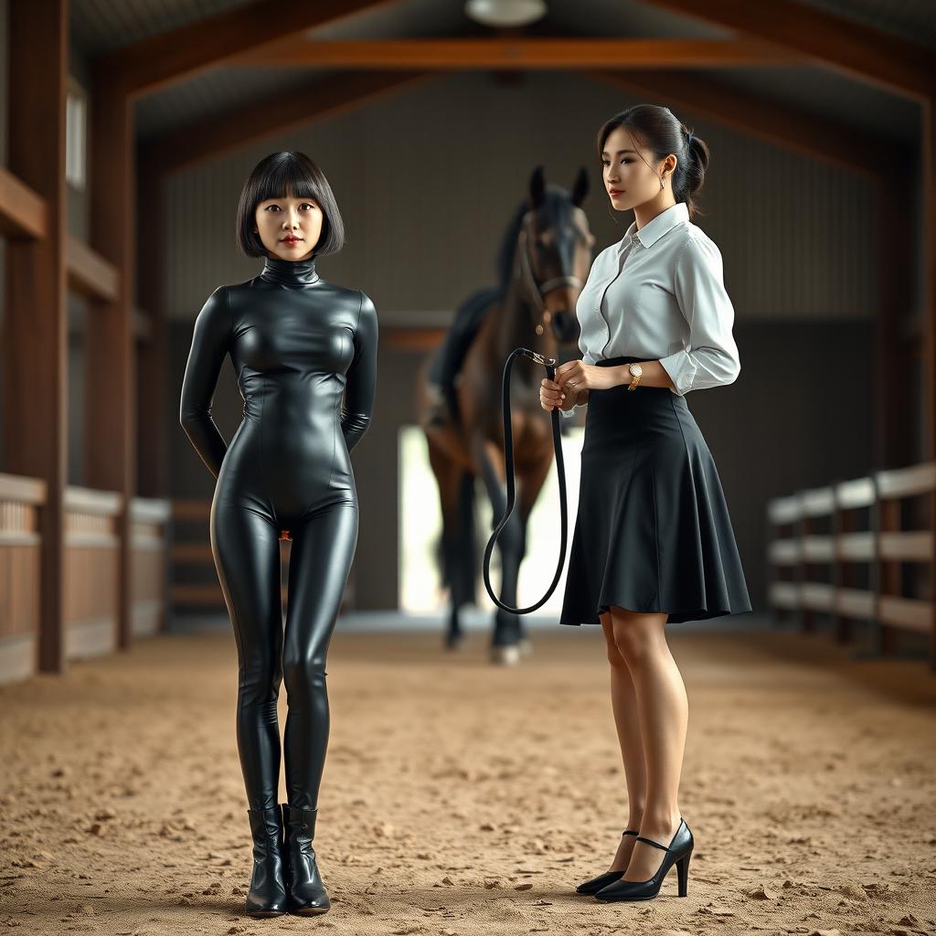 A photorealistic scene set in a horse riding school featuring two girls