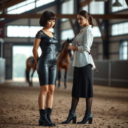 A photorealistic scene set in a horse riding school featuring two girls