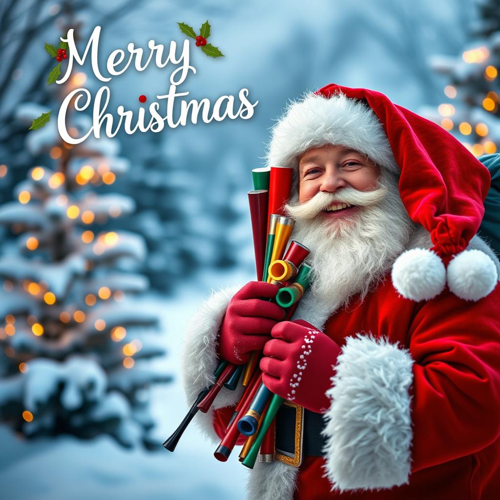 A cheerful Santa Claus standing in a snowy winter landscape, holding a bundle of colorful pipes, wearing his classic red suit with white fur trim, and a jolly smile on his face