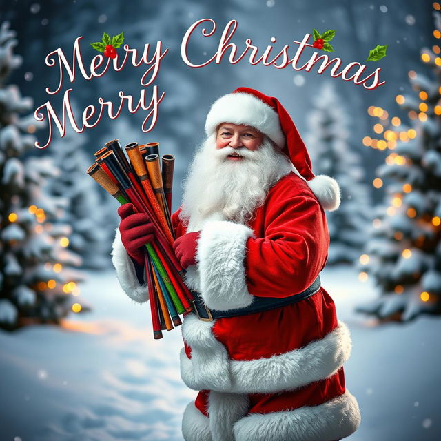 A cheerful Santa Claus standing in a snowy winter landscape, holding a bundle of colorful pipes, wearing his classic red suit with white fur trim, and a jolly smile on his face