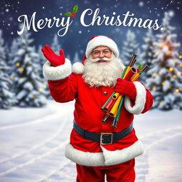 A cheerful Santa Claus standing in a snowy winter landscape, holding a bundle of colorful pipes, wearing his classic red suit with white fur trim, and a jolly smile on his face