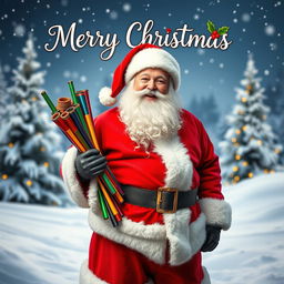 A cheerful Santa Claus standing in a snowy winter landscape, holding a bundle of colorful pipes, wearing his classic red suit with white fur trim, and a jolly smile on his face
