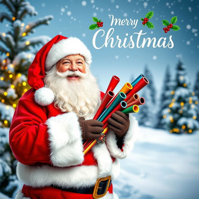 A cheerful Santa Claus standing in a snowy winter landscape, holding a bundle of colorful pipes, wearing his classic red suit with white fur trim, and a jolly smile on his face