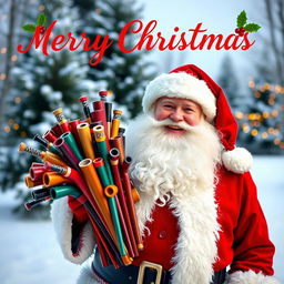 A cheerful Santa Claus standing in a snowy winter landscape, holding a bundle of colorful pipes, wearing his classic red suit with white fur trim, and a jolly smile on his face