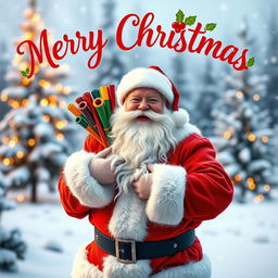 A cheerful Santa Claus standing in a snowy winter landscape, holding a bundle of colorful pipes, wearing his classic red suit with white fur trim, and a jolly smile on his face