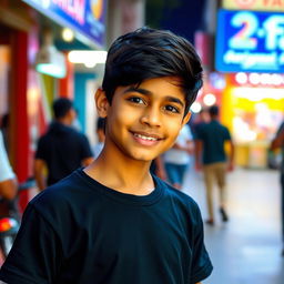 A young Bengali boy wearing a stylish black t-shirt, standing confidently with a bright smile