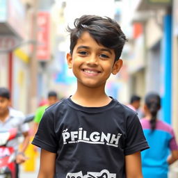 A young Bengali boy wearing a stylish black t-shirt, standing confidently with a bright smile