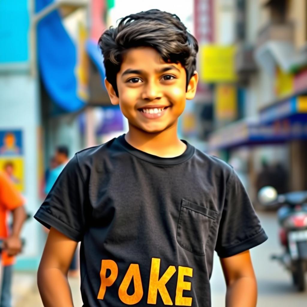 A young Bengali boy wearing a stylish black t-shirt, standing confidently with a bright smile