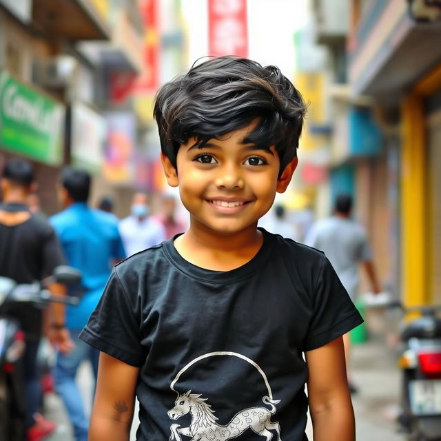 A young Bengali boy wearing a stylish black t-shirt, standing confidently with a bright smile