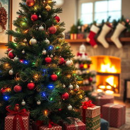 A picturesque Christmas scene featuring a beautifully decorated evergreen tree adorned with colorful lights and ornaments, surrounded by wrapped gifts in festive paper