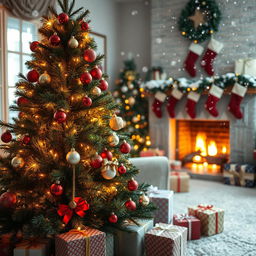 A picturesque Christmas scene featuring a beautifully decorated evergreen tree adorned with colorful lights and ornaments, surrounded by wrapped gifts in festive paper
