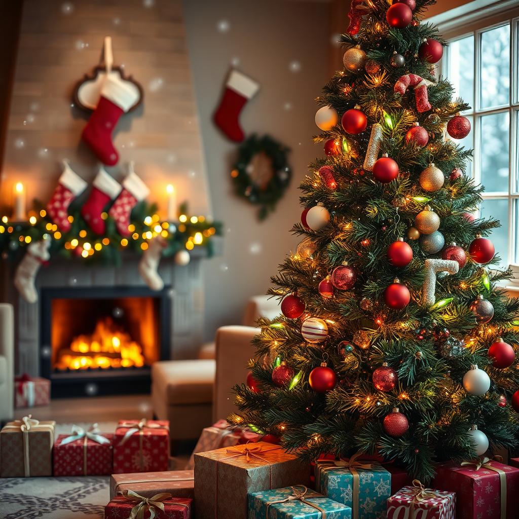 A picturesque Christmas scene featuring a beautifully decorated evergreen tree adorned with colorful lights and ornaments, surrounded by wrapped gifts in festive paper