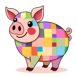 A vibrant and playful illustration featuring a pig composed of 64 different colored squares, each square showcasing a unique and distinct color and pattern