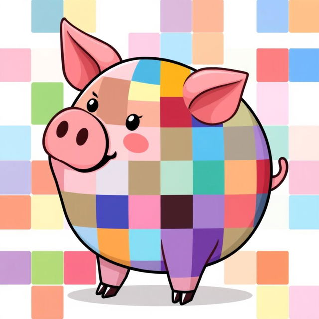 A vibrant and playful illustration featuring a pig composed of 64 different colored squares, each square showcasing a unique and distinct color and pattern