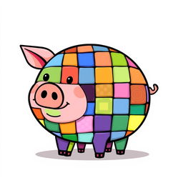 A vibrant and playful illustration featuring a pig composed of 64 different colored squares, each square showcasing a unique and distinct color and pattern