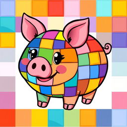 A vibrant and playful illustration featuring a pig composed of 64 different colored squares, each square showcasing a unique and distinct color and pattern
