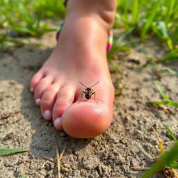 A close-up perspective from the viewpoint of an ant, looking up at a girl’s foot as it descends towards it