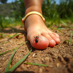 A close-up perspective from the viewpoint of an ant, looking up at a girl’s foot as it descends towards it