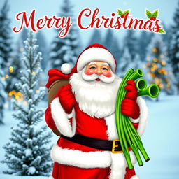 A cheerful Santa Claus standing in a snowy winter landscape, holding a bundle of bright green pipes, wearing his classic red suit with white fur trim, and a jolly smile on his face