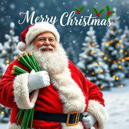 A cheerful Santa Claus standing in a snowy winter landscape, holding a bundle of bright green pipes, wearing his classic red suit with white fur trim, and a jolly smile on his face