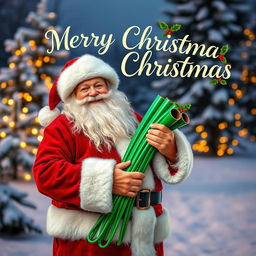 A cheerful Santa Claus standing in a snowy winter landscape, holding a bundle of bright green pipes, wearing his classic red suit with white fur trim, and a jolly smile on his face