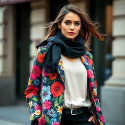A stylish young woman wearing a chic black scarf elegantly wrapped around her neck, complemented by a vibrant floral coat adorned with colorful flowers