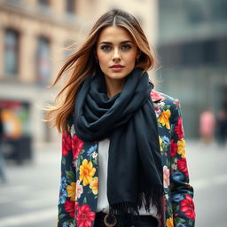 A stylish young woman wearing a chic black scarf elegantly wrapped around her neck, complemented by a vibrant floral coat adorned with colorful flowers