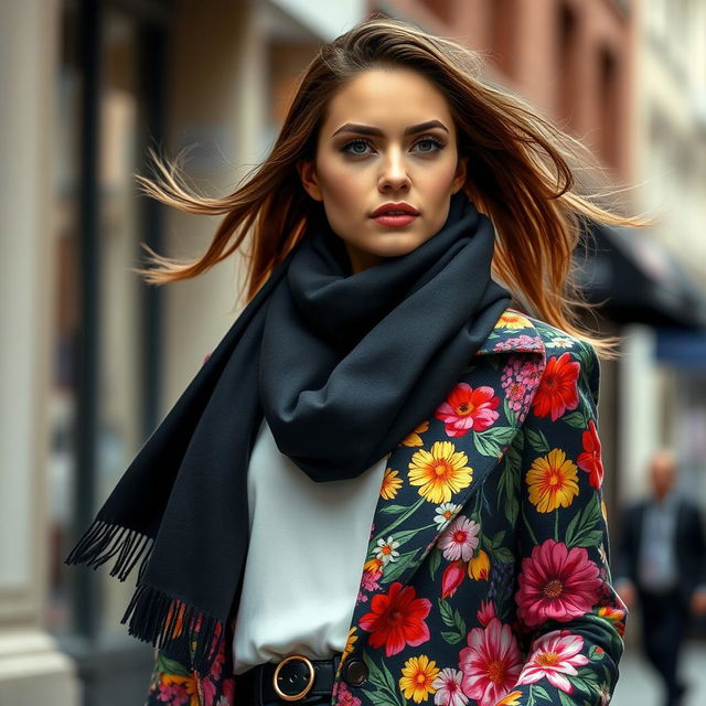 A stylish young woman wearing a chic black scarf elegantly wrapped around her neck, complemented by a vibrant floral coat adorned with colorful flowers