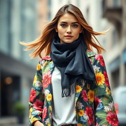 A stylish young woman wearing a chic black scarf elegantly wrapped around her neck, complemented by a vibrant floral coat adorned with colorful flowers