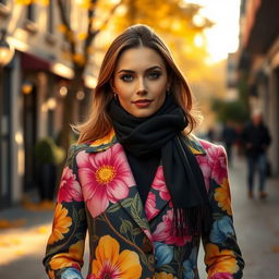 A stylish woman wearing a black scarf elegantly wrapped around her neck, complemented by a vibrant floral coat with bold colors and intricate patterns