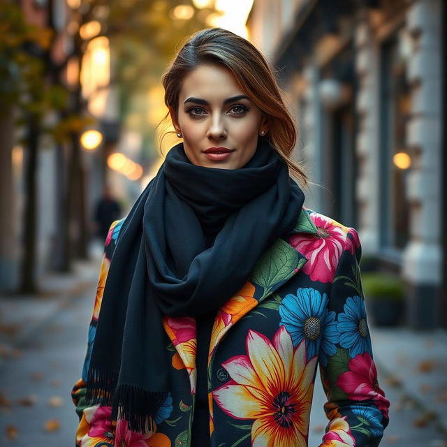 A stylish woman wearing a black scarf elegantly wrapped around her neck, complemented by a vibrant floral coat with bold colors and intricate patterns