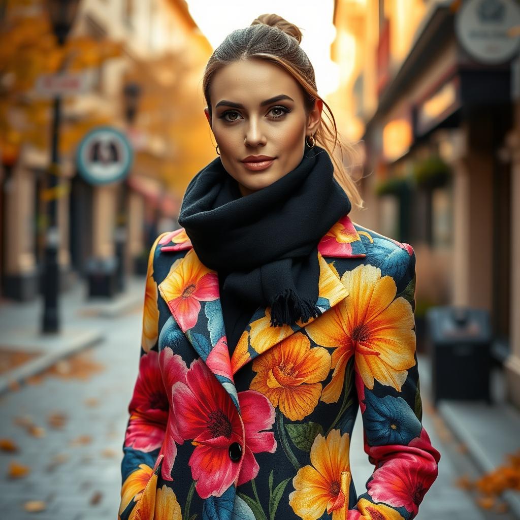 A stylish woman wearing a black scarf elegantly wrapped around her neck, complemented by a vibrant floral coat with bold colors and intricate patterns