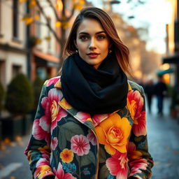 A stylish woman wearing a black scarf elegantly wrapped around her neck, complemented by a vibrant floral coat with bold colors and intricate patterns