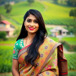 A portrait of a Bangladeshi woman dressed in a beautifully embroidered traditional saree, showcasing intricate patterns and vibrant colors