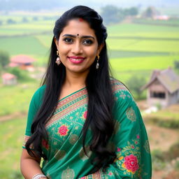 A portrait of a Bangladeshi woman dressed in a beautifully embroidered traditional saree, showcasing intricate patterns and vibrant colors