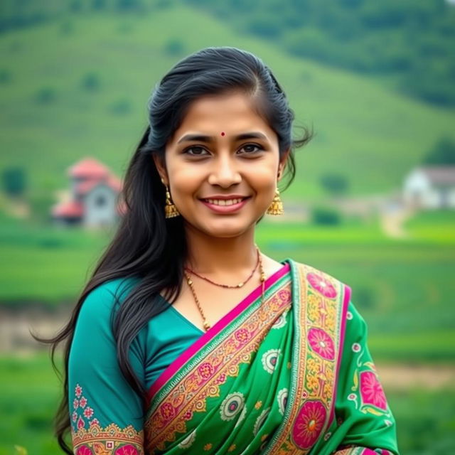 A portrait of a Bangladeshi woman dressed in a beautifully embroidered traditional saree, showcasing intricate patterns and vibrant colors