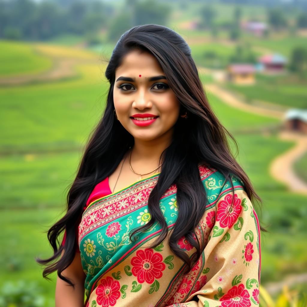 A portrait of a Bangladeshi woman dressed in a beautifully embroidered traditional saree, showcasing intricate patterns and vibrant colors