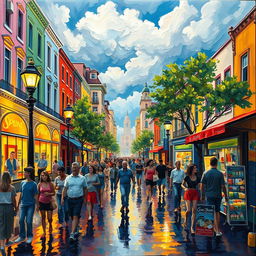 An impressionist painting of a vibrant and bustling cityscape, showcasing a lively street filled with people walking, shopping, and enjoying their day