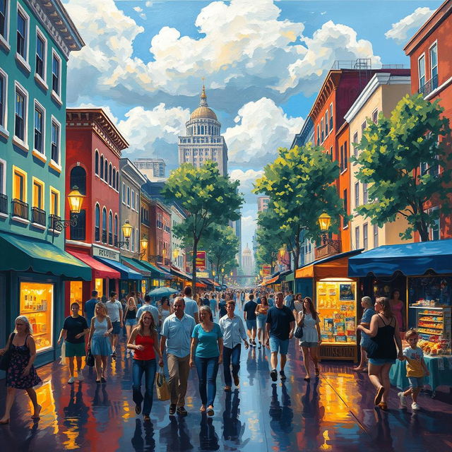 An impressionist painting of a vibrant and bustling cityscape, showcasing a lively street filled with people walking, shopping, and enjoying their day