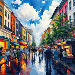 An impressionist painting of a vibrant and bustling cityscape, showcasing a lively street filled with people walking, shopping, and enjoying their day