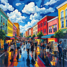 An impressionist painting of a vibrant and bustling cityscape, showcasing a lively street filled with people walking, shopping, and enjoying their day